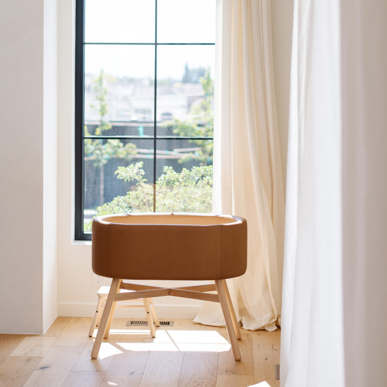 Camel Vegan Leather and Wood Bassinet for Newborns