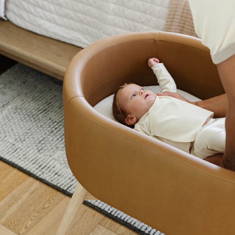 Camel Vegan Leather and Wood Bassinet for Newborns