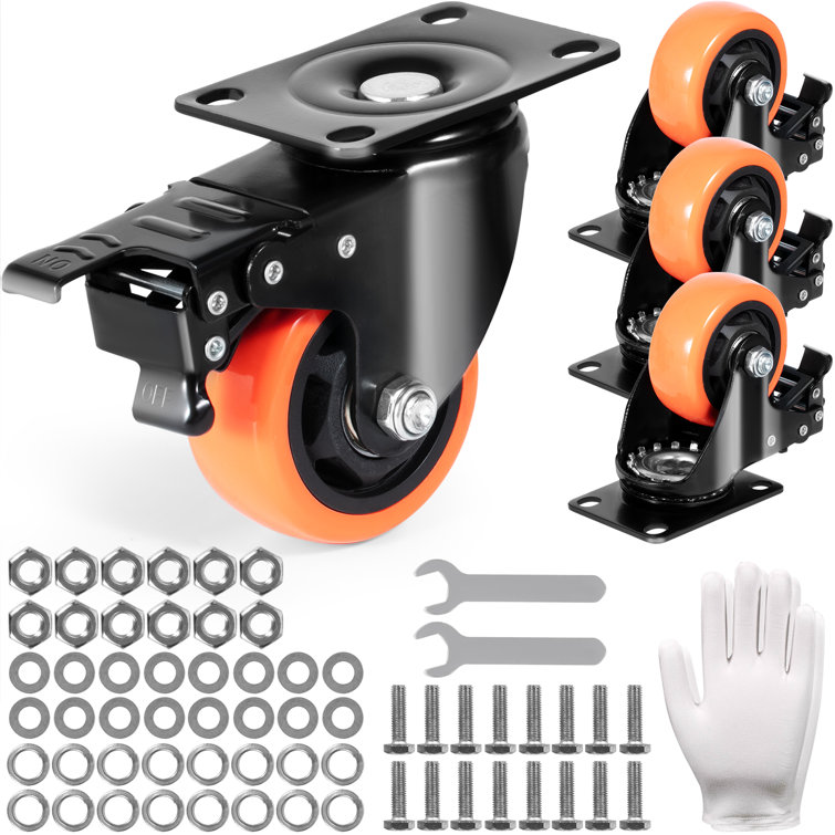 3-Inch Orange Polyurethane Swivel Plate Casters with Brakes, Set of 4