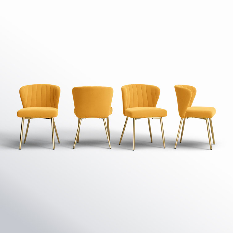 Mustard Velvet Upholstered Wing Back Side Chair Set with Gold Metal Legs