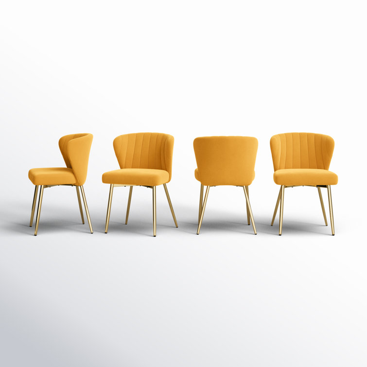 Mustard Velvet Upholstered Wing Back Side Chair Set with Gold Metal Legs