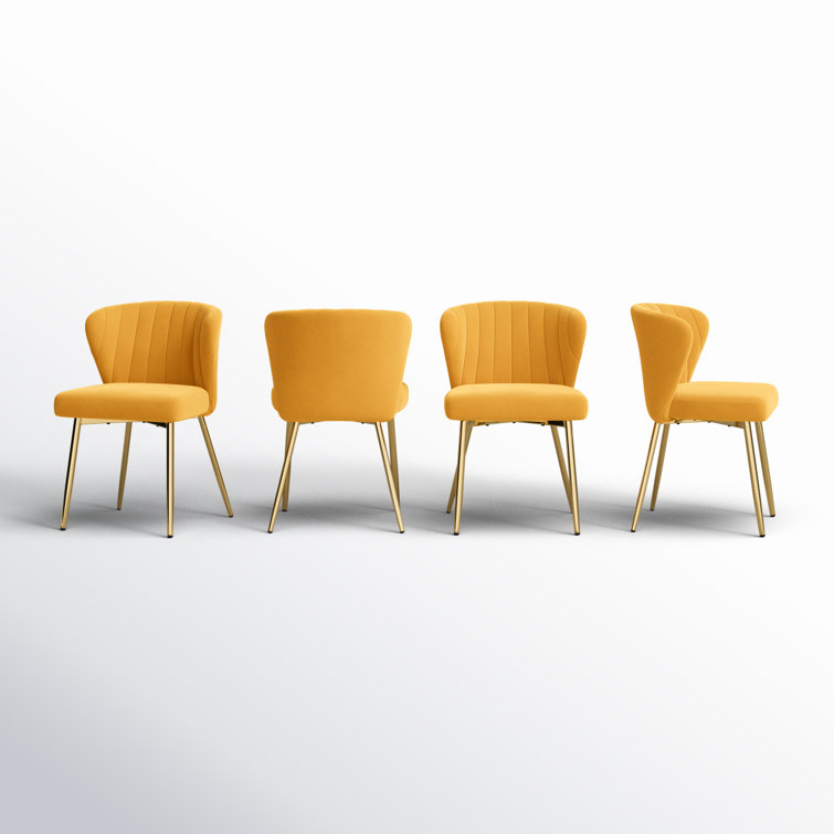 Mustard Velvet Upholstered Wing Back Side Chair Set with Gold Metal Legs