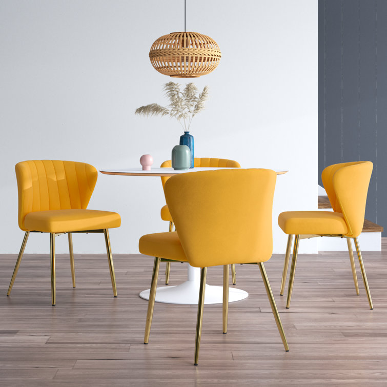 Mustard Velvet Upholstered Wing Back Side Chair Set with Gold Metal Legs