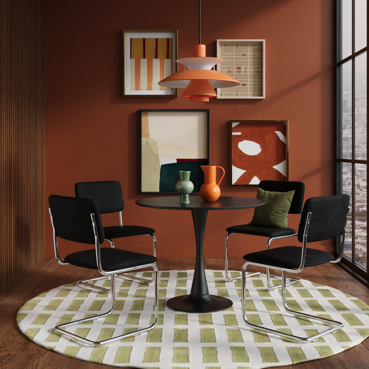 Black Linen Upholstered Dining Chairs with Chrome Legs, Set of 2