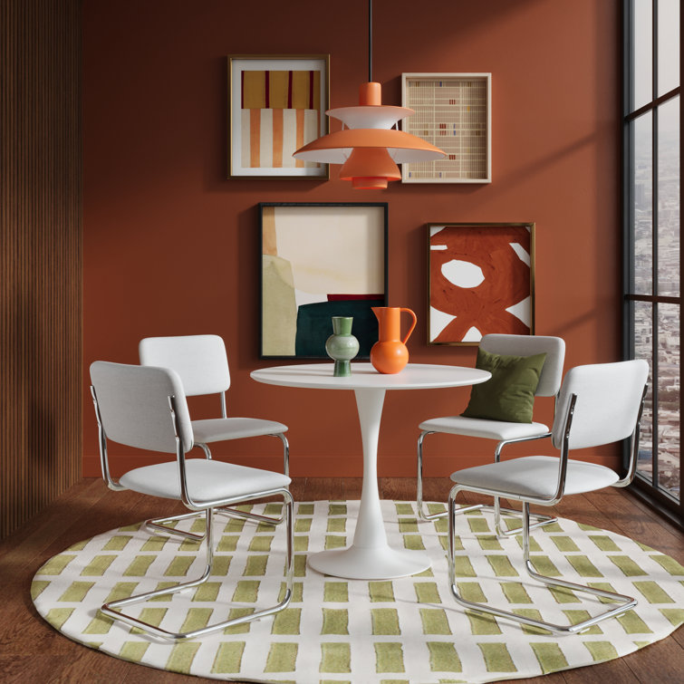 White Linen Upholstered Metal Frame Dining Chairs, Set of 2