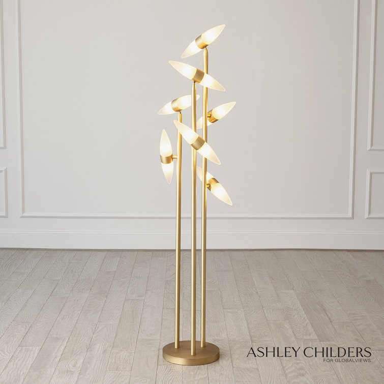 66'' Gold and White Frosted Glass Floor Lamp with Brass Accents
