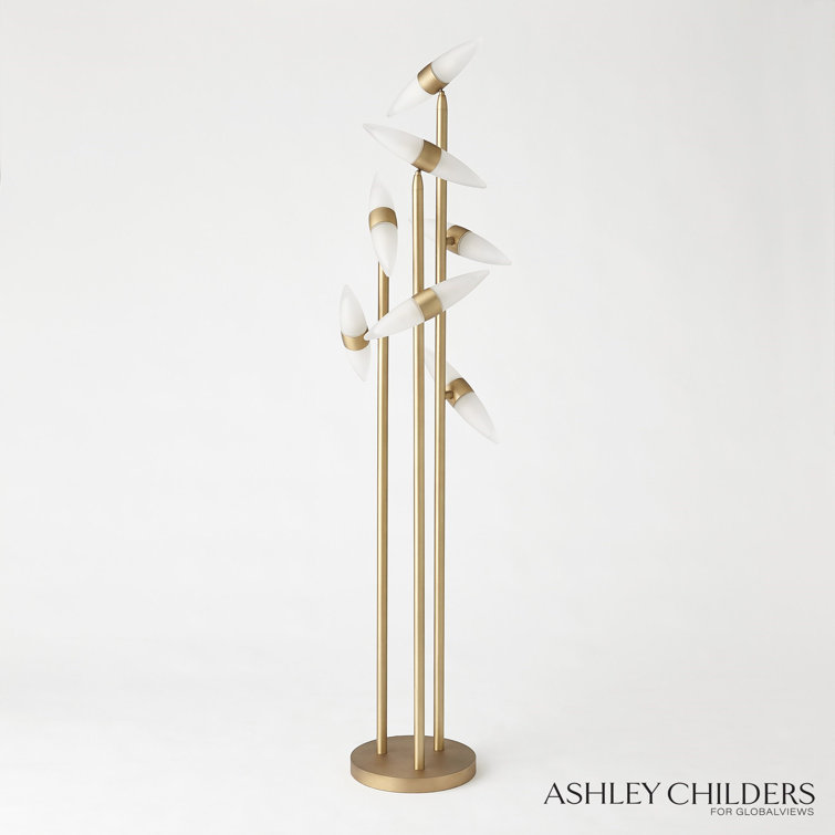 66'' Gold and White Frosted Glass Floor Lamp with Brass Accents