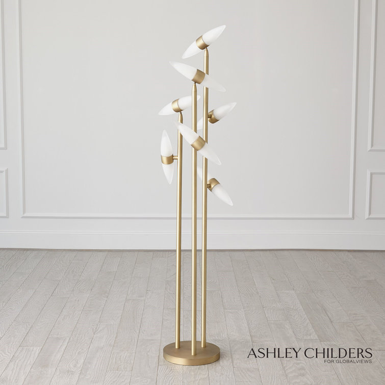 66'' Gold and White Frosted Glass Floor Lamp with Brass Accents