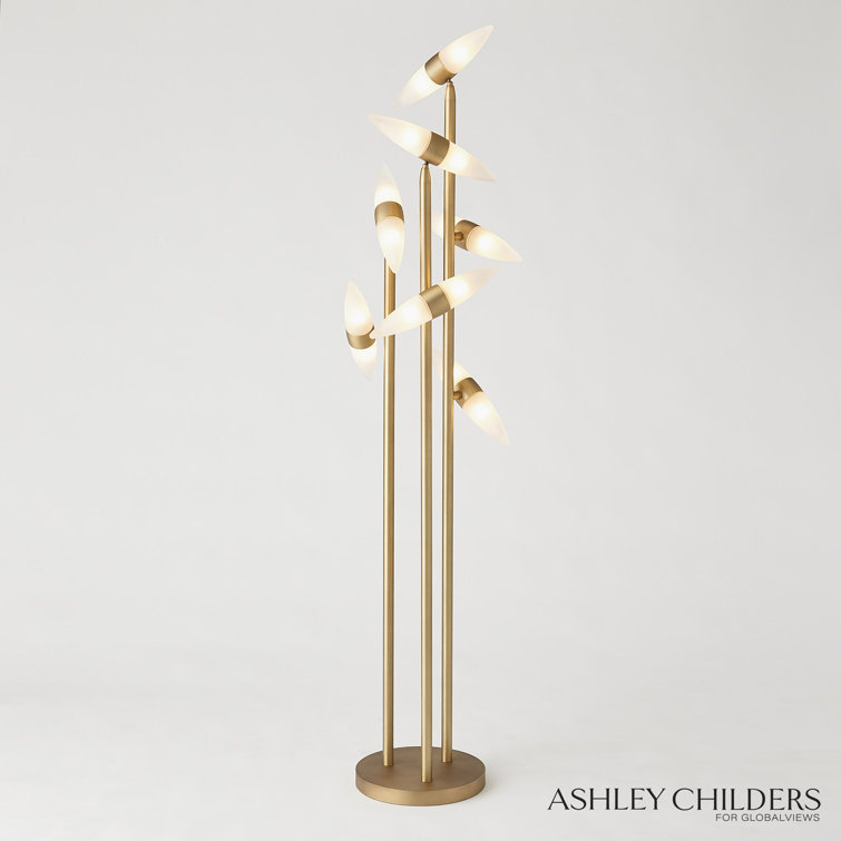 66'' Gold and White Frosted Glass Floor Lamp with Brass Accents