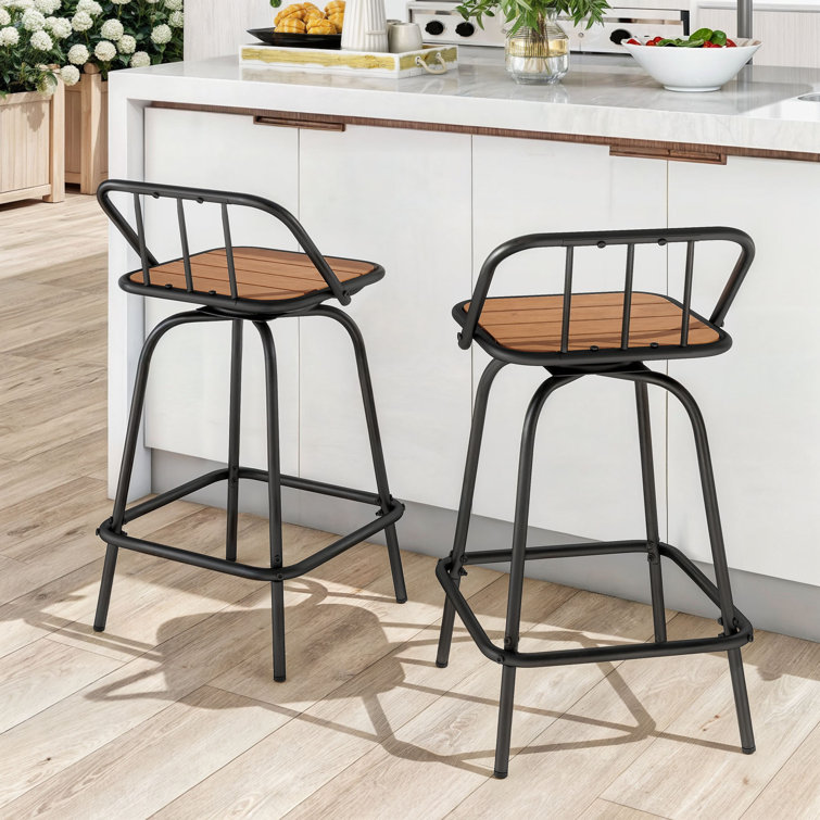 24'' Black and Brown Metal Outdoor Swivel Bar Stools with Plastic Seat