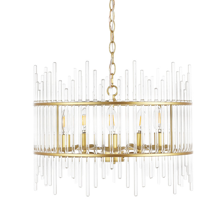 Gold and Crystal 5-Light Drum Chandelier with Glass Rods