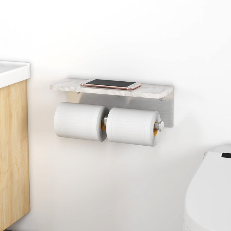 Brushed Nickel and Marble Double Toilet Paper Holder with Shelf