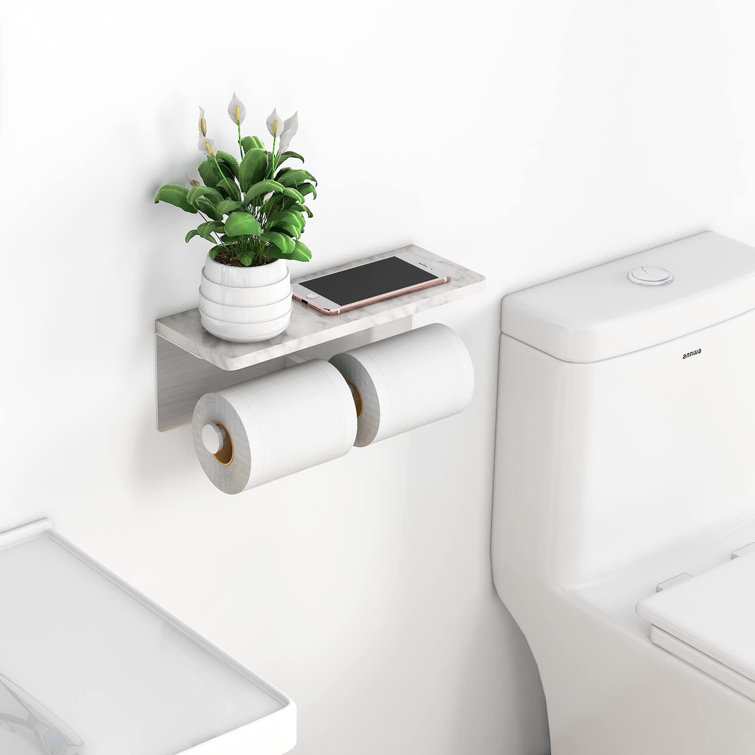 Brushed Nickel and Marble Double Toilet Paper Holder with Shelf