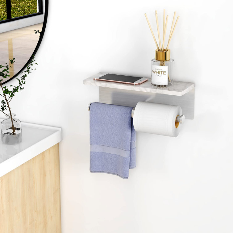 Brushed Nickel and Marble Double Toilet Paper Holder with Shelf