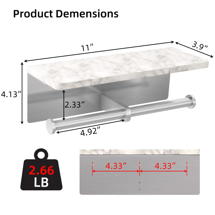 Brushed Nickel and Marble Double Toilet Paper Holder with Shelf
