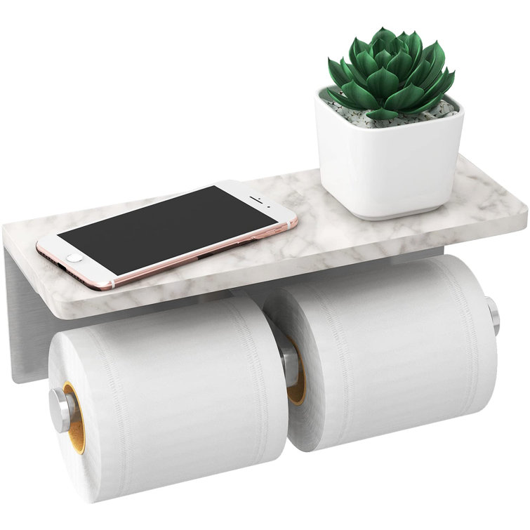 Brushed Nickel and Marble Double Toilet Paper Holder with Shelf