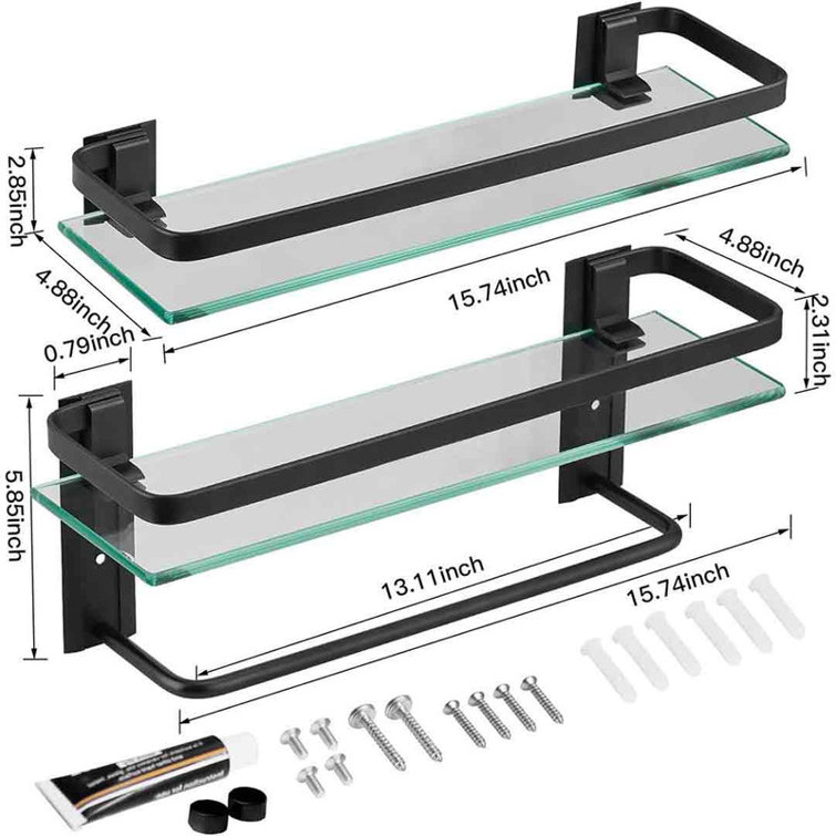 15.74'' Black Floating Glass Bathroom Shelf with Towel Bar