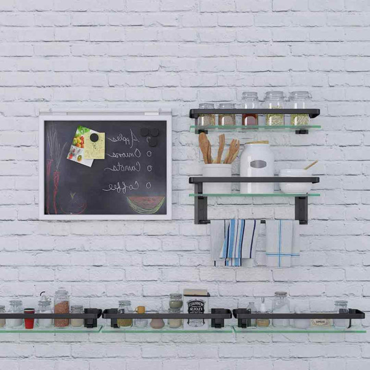 15.74'' Black Floating Glass Bathroom Shelf with Towel Bar