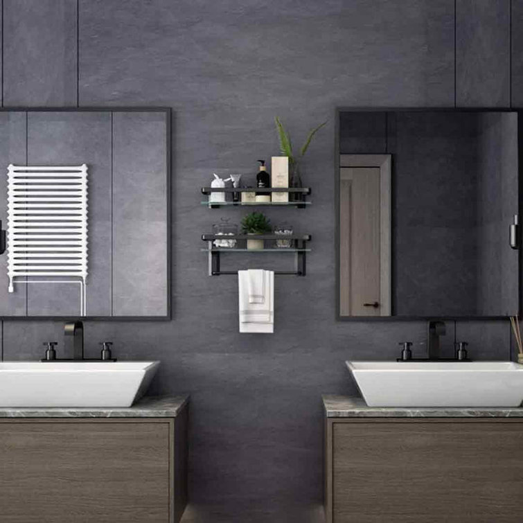 15.74'' Black Floating Glass Bathroom Shelf with Towel Bar