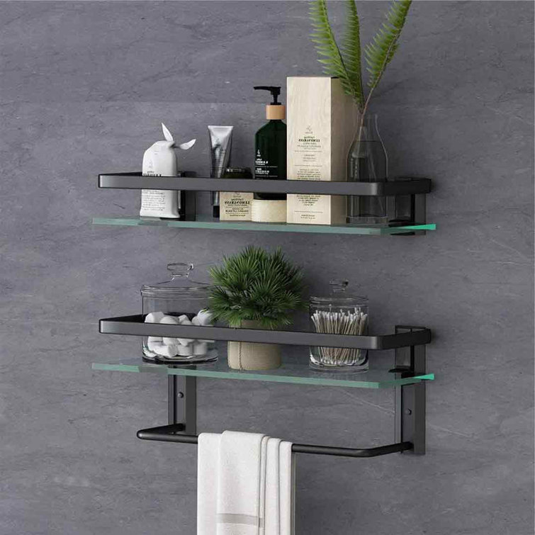 15.74'' Black Floating Glass Bathroom Shelf with Towel Bar