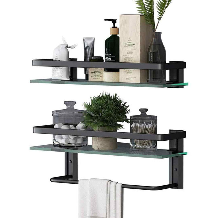 15.74'' Black Floating Glass Bathroom Shelf with Towel Bar