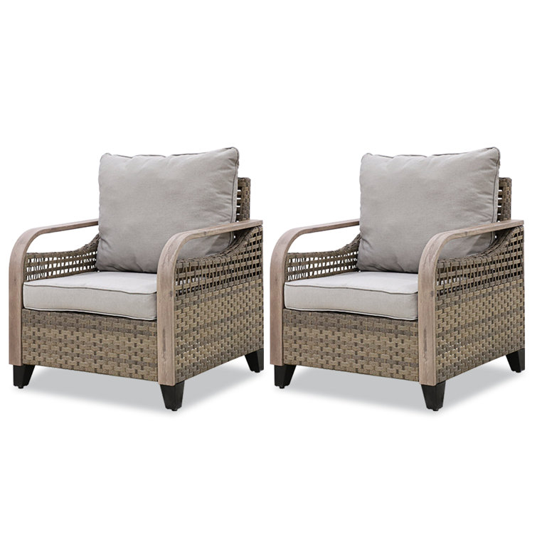 Gray Wicker Outdoor Armchairs with Cushions, Set of 2