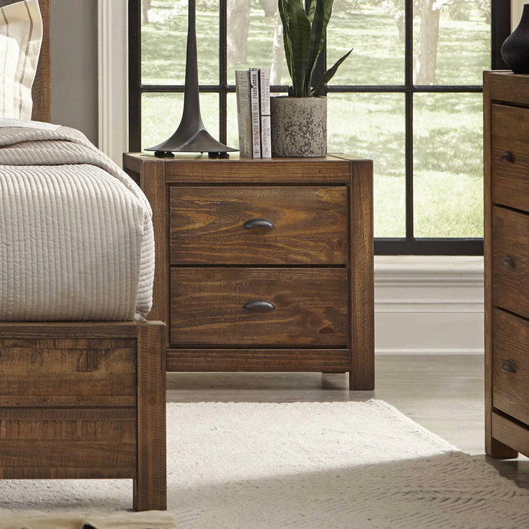 Rustic Walnut Solid Pine 2-Drawer Nightstand