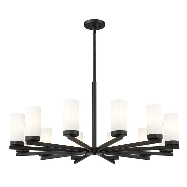Matte Black 12-Light Modern Chandelier with White Glass Shades