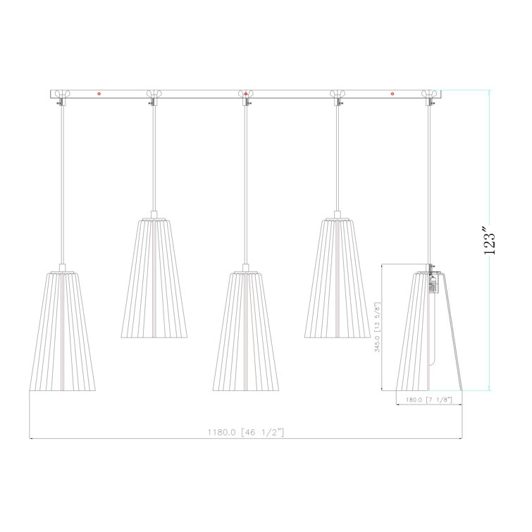 Modern Gold and Nickel 5-Light Linear Chandelier with Frosted Glass Shades