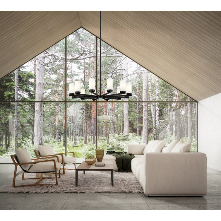 Matte Black 12-Light Modern Chandelier with White Glass Shades