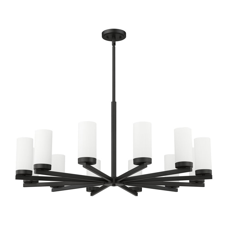 Matte Black 12-Light Modern Chandelier with White Glass Shades
