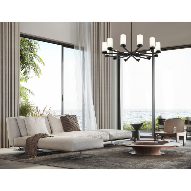 Matte Black 12-Light Modern Chandelier with White Glass Shades