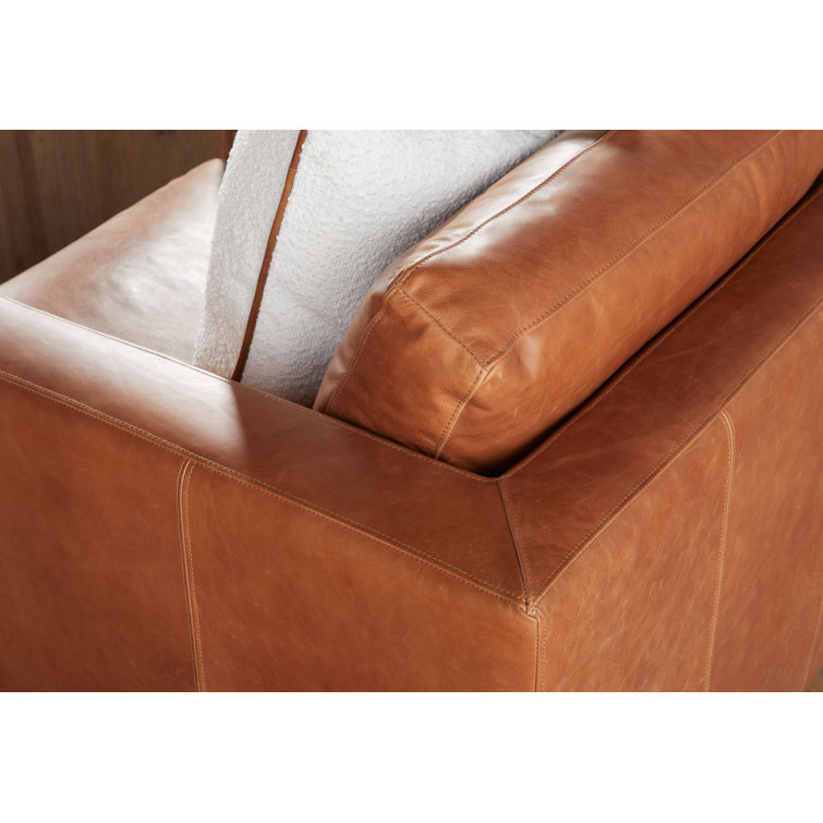Snow White Boucle Pillow with Whiskey Brown Leather Piping, Set of 2