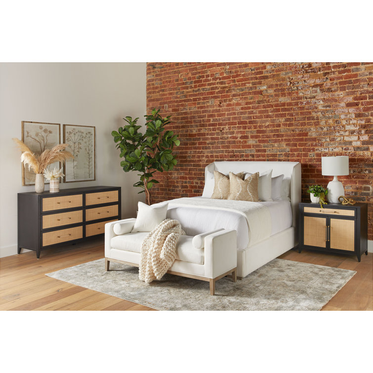 California King White Upholstered Wingback Bed with Oak Frame