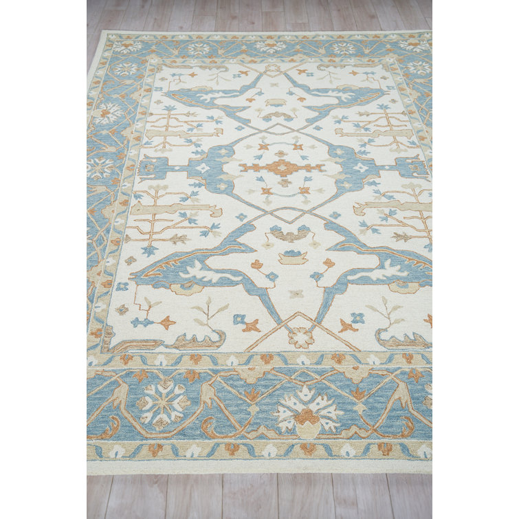 Ivory and Light Blue Hand-Tufted Wool 6' x 9' Area Rug