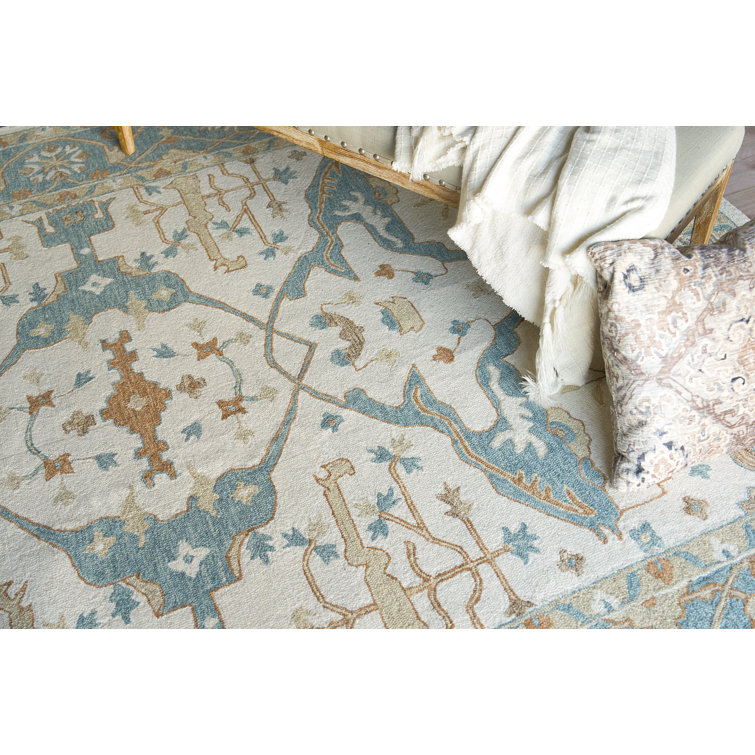 Ivory and Light Blue Hand-Tufted Wool 10' x 14' Area Rug