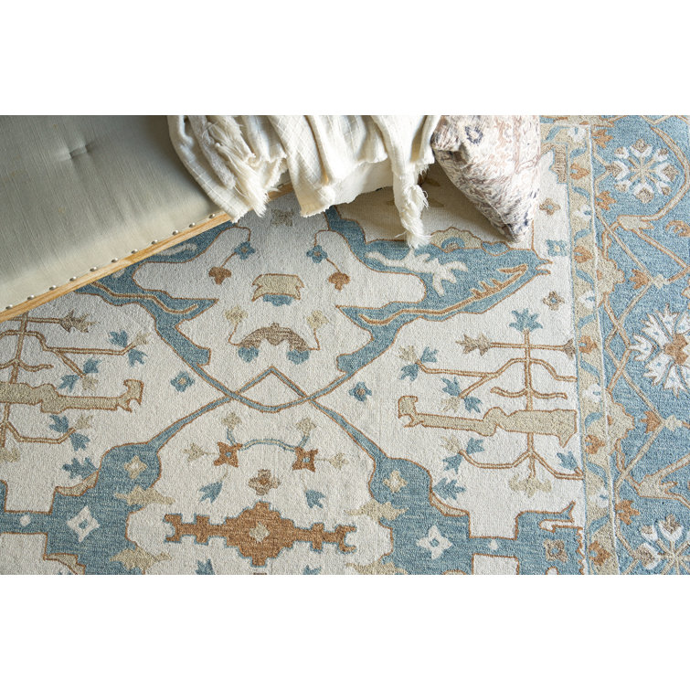 Ivory and Light Blue Hand-Tufted Wool 10' x 14' Area Rug