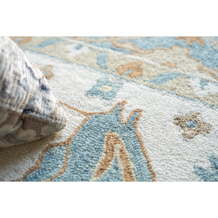 Ivory and Light Blue Hand-Tufted Wool 10' x 14' Area Rug