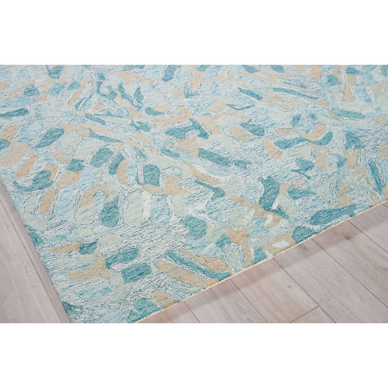 Handmade Turquoise and Ivory Wool Rectangular Area Rug