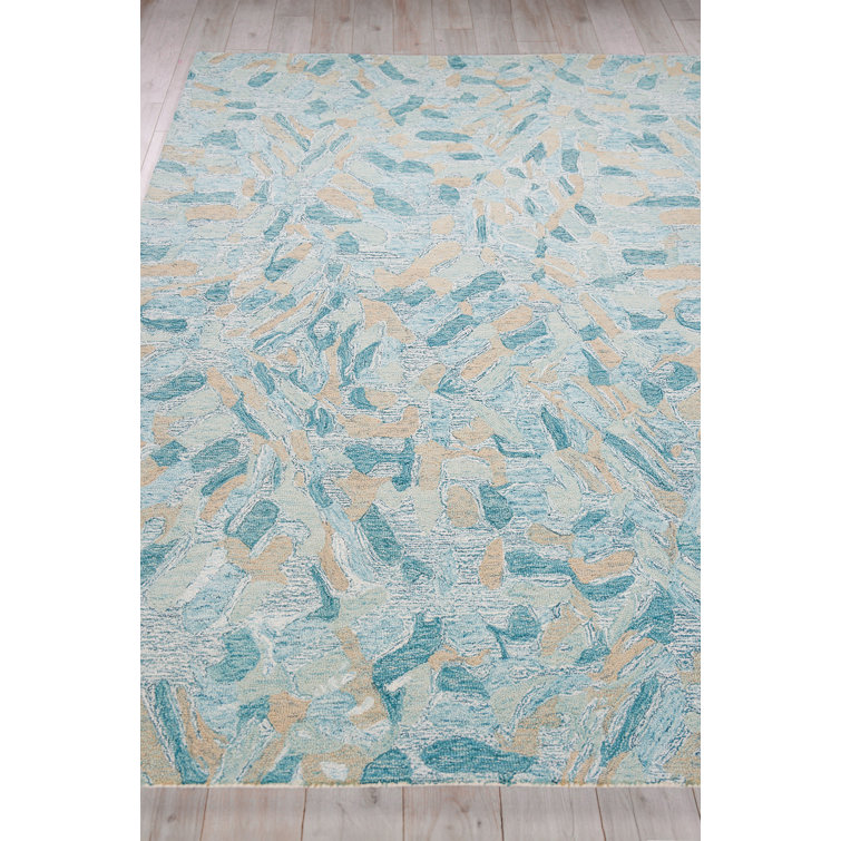 Handmade Turquoise and Ivory Wool Rectangular Area Rug