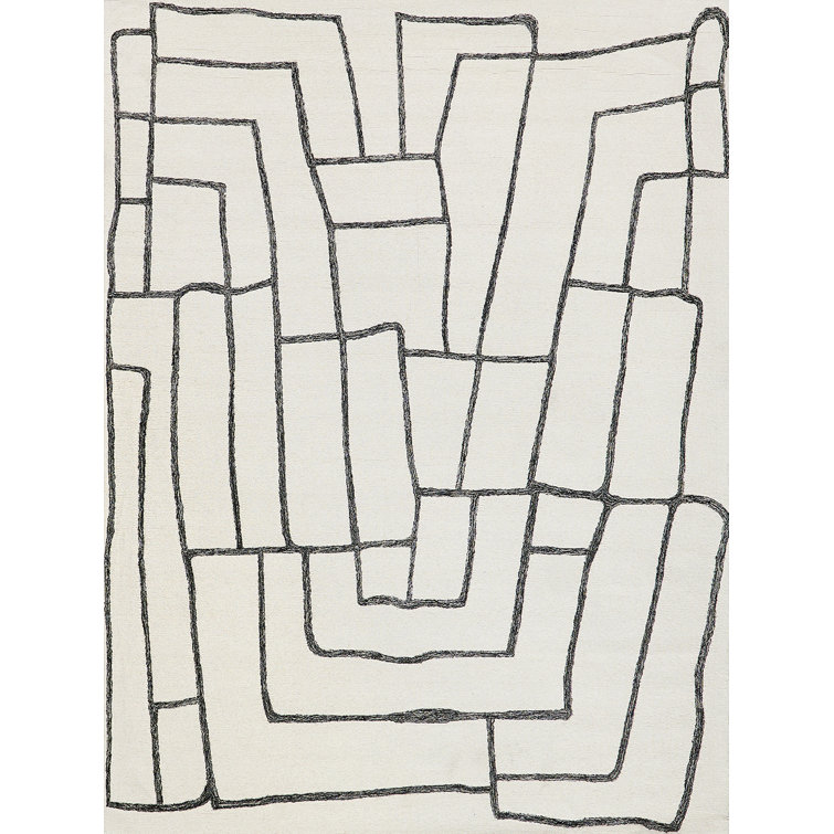 Ivory and Black Hand-Tufted Wool Rectangular Area Rug, 2' x 3'