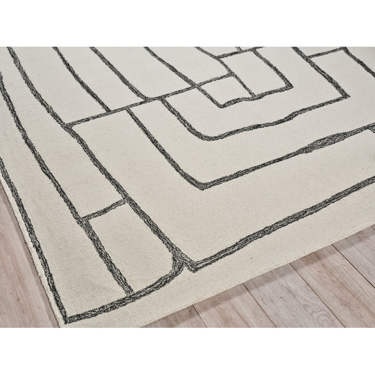 Ivory and Black Hand-Tufted Wool Rectangular Area Rug, 2' x 3'