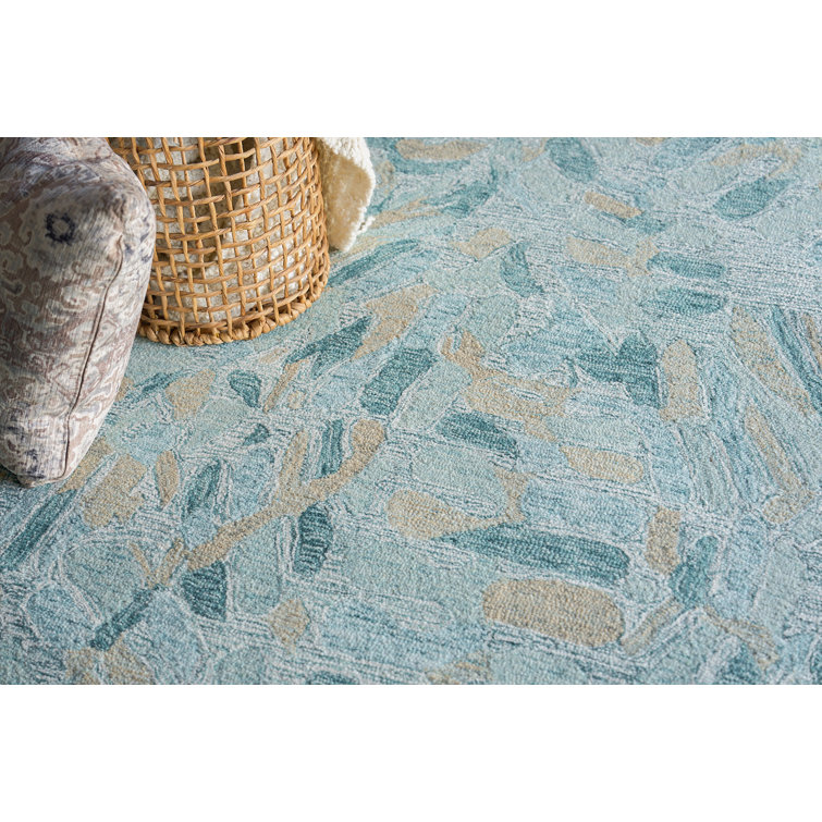 Handmade Turquoise and Ivory Wool Rectangular Area Rug