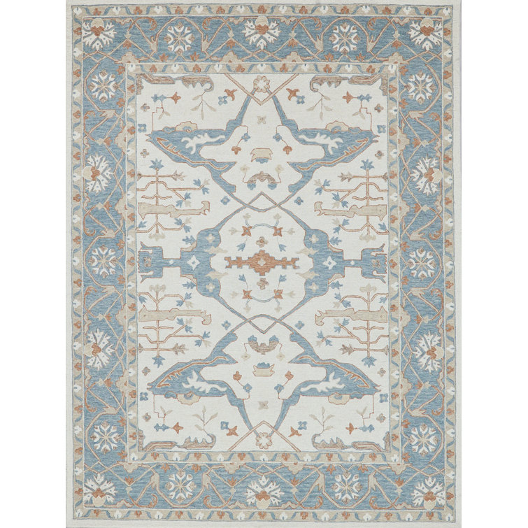Ivory and Light Blue Hand-Tufted Wool 10' x 14' Area Rug