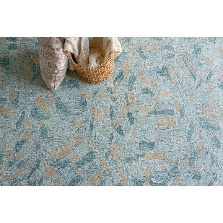 Handmade Turquoise and Ivory Wool Rectangular Area Rug