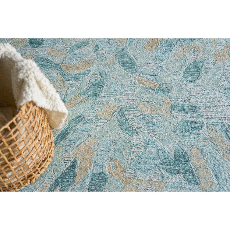 Handmade Turquoise and Ivory Wool Rectangular Area Rug