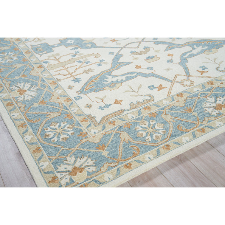Ivory and Light Blue Hand-Tufted Wool 10' x 14' Area Rug
