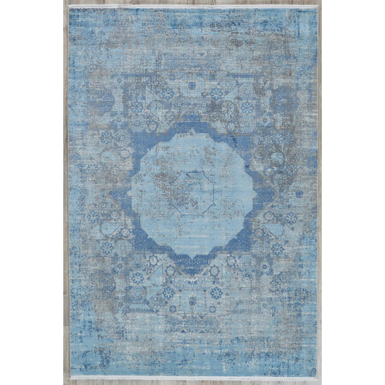 Ivory and Blue Viscose Rectangular Fringed Area Rug
