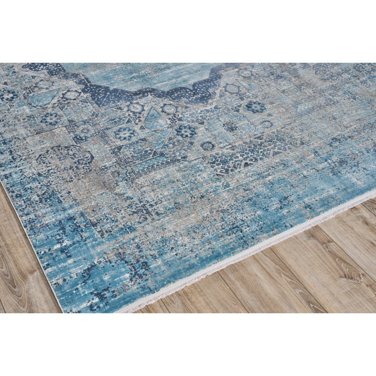Ivory and Blue Viscose Rectangular Fringed Area Rug