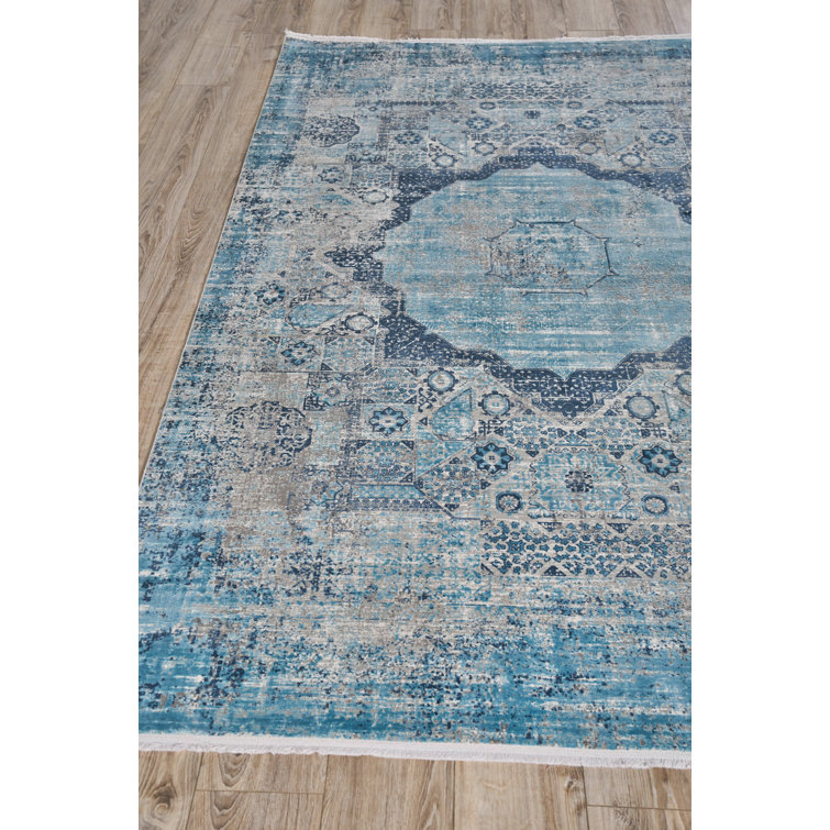 Ivory and Blue Viscose Rectangular Fringed Area Rug